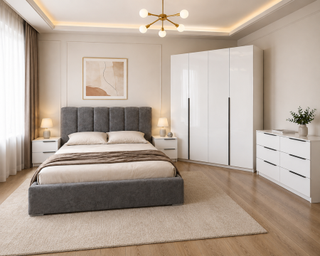 MOBILIER DORMITOR - Dormitor Prestige 4 Usi cu pat tapitat  Acril Alb