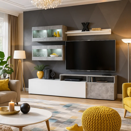 MOBILIER LIVING - Living Light Alb Lucios, 210x45x170 cm