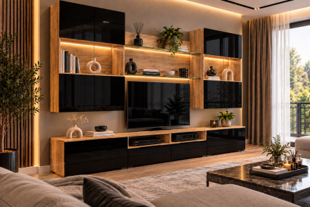 Living Set - Living MP2 Stejar K003 + Acril negru, antracit, alb, cappuccino K003+NEGRU