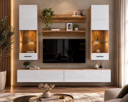 MOBILIER LIVING - Living MP5 Stejar K003 + Acril alb, Negru, Cappuccino K003+ALB