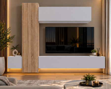 MOBILIER LIVING - Living MP6 Stejar Sonoma + Gri ciment, Antracit, Alb mat Sonoma+Alb