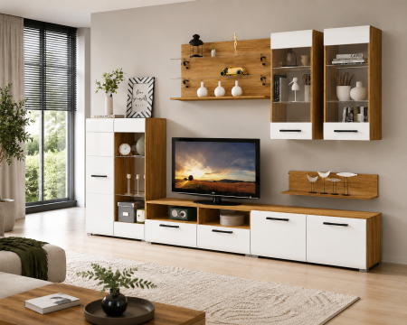 Living Set - Living Nensi 3 Stejar Auriu Alb 280x47x200 cm