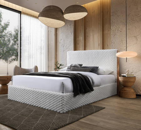 Paturi - Pat tapitat Nordic Bej cu stofa bucla cu somiera metalica rabatabila si spatiu de depozitare 160x200 cm