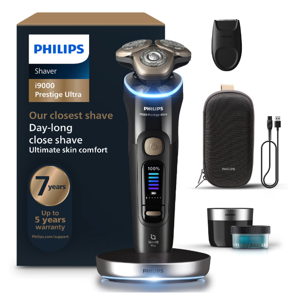 Aparat Electric de Barbierit PHILIPS i9000 Prestige Ultra XP9401/38, Tehnologie SkinIQ Pro, Autonomie 60 min, Senzor Presiune & Cadran LED, Afisaj Color, 5 Moduri Functionare, Statie Igienizare, Supor [1]