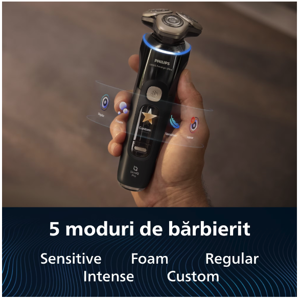 Aparat Electric de Barbierit PHILIPS i9000 Prestige Ultra XP9401/38, Tehnologie SkinIQ Pro, Autonomie 60 min, Senzor Presiune & Cadran LED, Afisaj Color, 5 Moduri Functionare, Statie Igienizare, Supor [3]