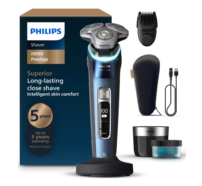 Aparat Electric de Barbierit PHILIPS i9000 Prestige XP9202/33, Tehnologie SkinIQ, Autonomie 60 min, Senzor Presiune & Cadran LED, Aplicatie Conectivitate BT, Statie Igienizare, Suport Incarcare, Style [1]