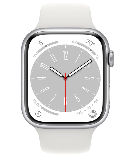 Apple Watch 8, GPS, Carcasa Silver Aluminium 45mm, White Sport Band [2]