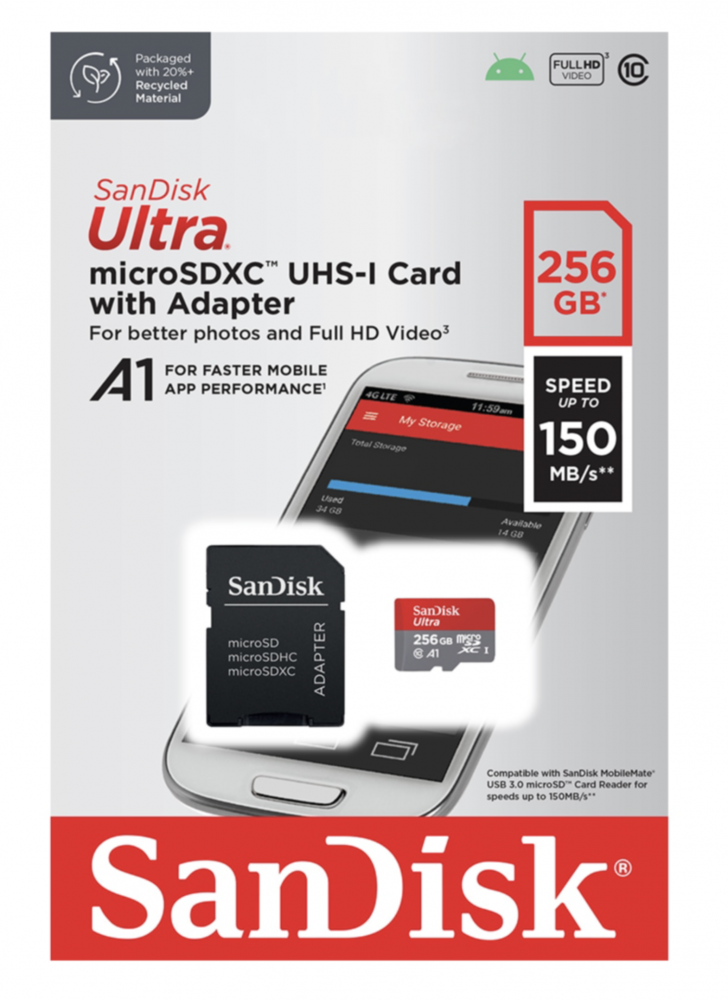 Card de memorie SANDISK Ultra microSDXC, 256GB, 150MB/s, clasa 10/U1/A1, UHS-I, adaptor [1]