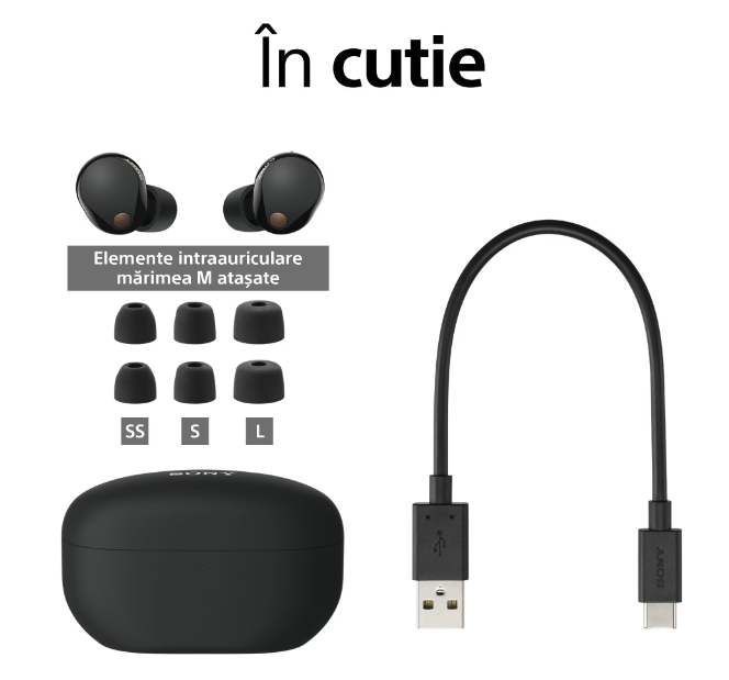 Casti Audio In-Ear Sony WF-1000XM5B, True Wireless, Bluetooth, Noise cancelling, Microfon, Autonomie de pana la 24 ore, Incarcare rapida, IPX4, Negru [3]