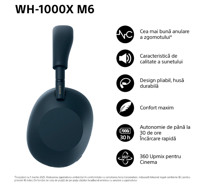 Casti Over the Ear Sony WH-1000XM6L, Wireless, Bluetooth, Hi-Res Audio, Noise cancelling, Autonomie 30 ore, Microfon, Alexa si Google Assistant, Design pliabil, Albastru [6]