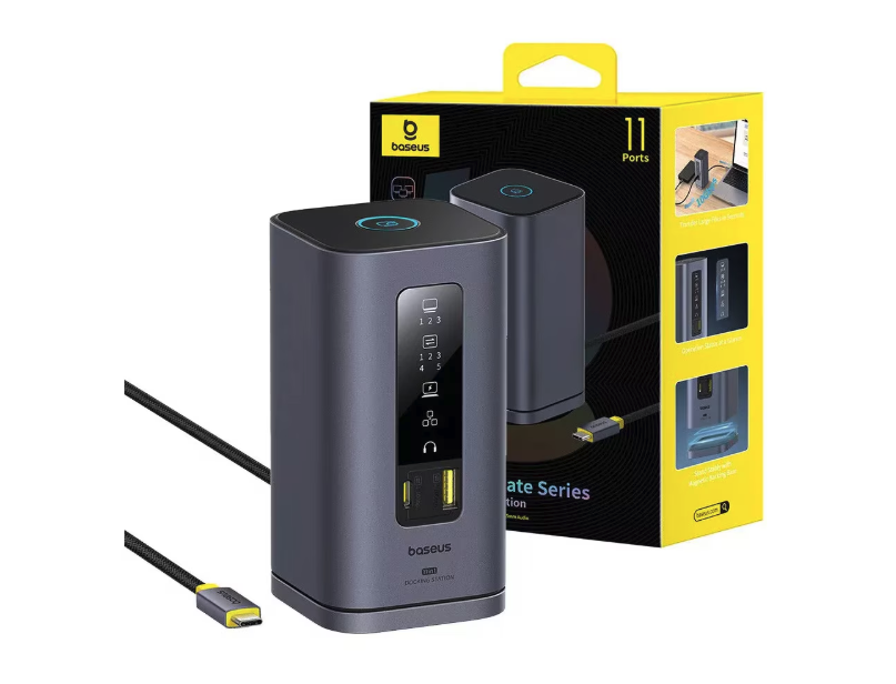 Hub USB Baseus Docking Station Spacemate Series 11-in-1, USB-C la 2x HDMI 4K@60Hz, 2x DP 4K@60Hz, 2x USB-A, 1x USB-C, 1x RJ45, 1x USB-A (480Mbps), 1xUSB-C (PD), 1x 3.5mm Audio [2]