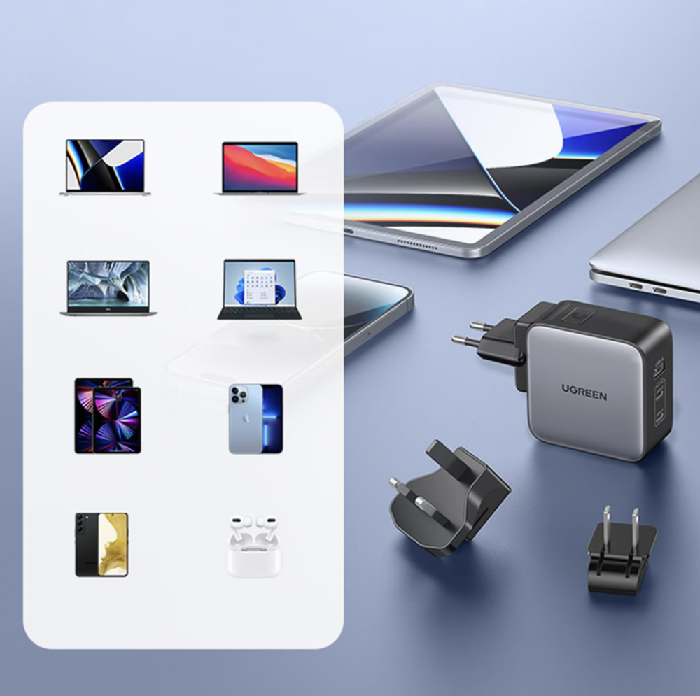 Incarcator de retea Ugreen CD296, tehnologie GaN, 1 port USB si 2 porturi USB C, Adaptor, 65W, mufa UE, UK, SUA Negru [4]