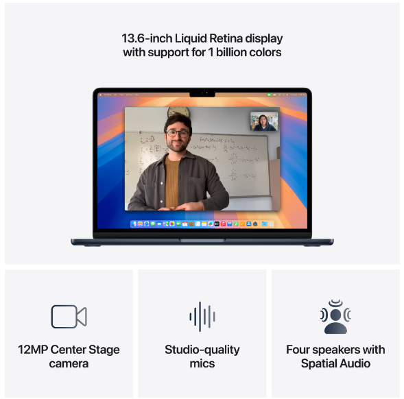 Laptop Apple MacBook Air 13", cu procesor Apple M4, 10 nuclee CPU si 10 nuclee GPU, 16GB RAM, 512GB, Midnight [4]