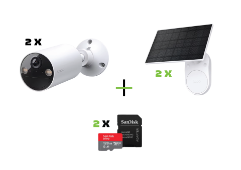 Promotii - 2 x Camera IP Wireless Exterior TP-LINK Tapo C410, 2K, 3MP, 1296p, IR, Night Vision, Alb + 2 x Panou Solar TP-Link Tapo A201, 2.5W, IP65, Cablu 3.8m + 2 x Card de memorie SanDisk Ultra MicroSDXC UHS-I