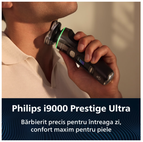 Aparat Electric de Barbierit PHILIPS i9000 Prestige Ultra XP9401/38, Tehnologie SkinIQ Pro, Autonomie 60 min, Senzor Presiune & Cadran LED, Afisaj Color, 5 Moduri Functionare, Statie Igienizare, Supor [1]