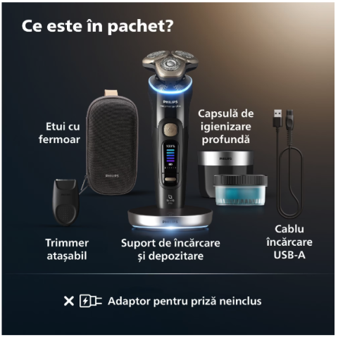 Aparat Electric de Barbierit PHILIPS i9000 Prestige Ultra XP9401/38, Tehnologie SkinIQ Pro, Autonomie 60 min, Senzor Presiune & Cadran LED, Afisaj Color, 5 Moduri Functionare, Statie Igienizare, Supor [5]