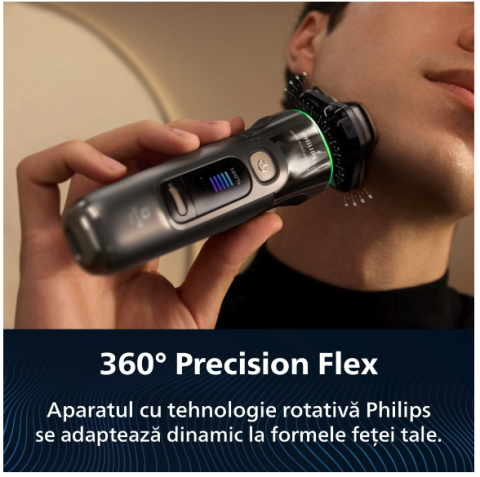 Aparat Electric de Barbierit PHILIPS i9000 Prestige Ultra XP9401/38, Tehnologie SkinIQ Pro, Autonomie 60 min, Senzor Presiune & Cadran LED, Afisaj Color, 5 Moduri Functionare, Statie Igienizare, Supor [4]