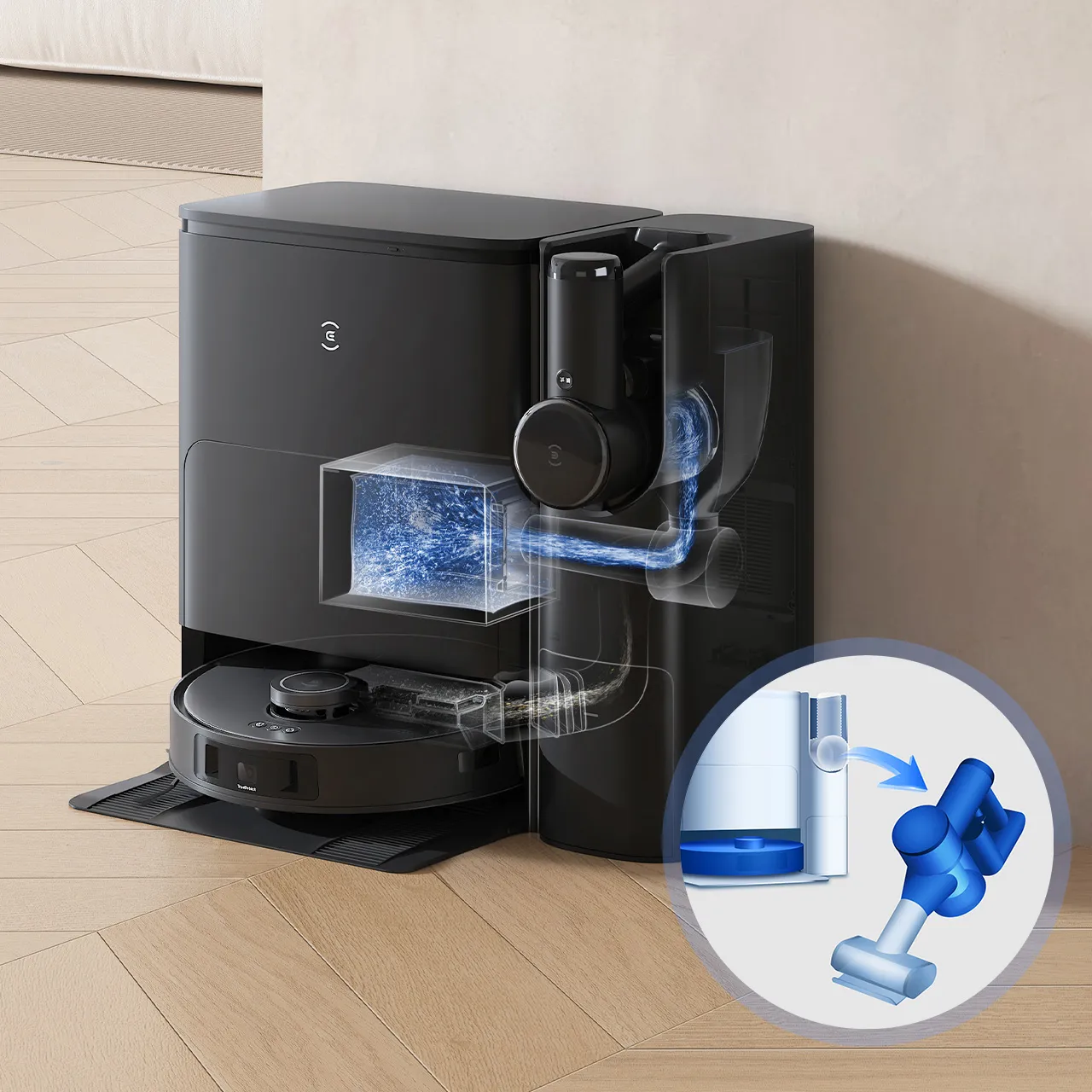 Aspirator robot cu functie de stergere Ecovacs T30S Combo Complete, spalare mopul apa calda, uscare aer cald, putere de aspirare 11000pa, configuratie mai multe capete perie, golire automata duala cur [5]