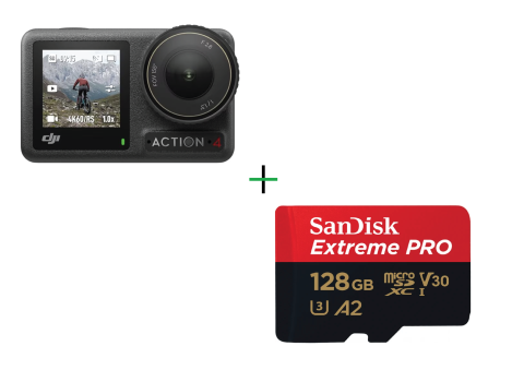 Foto / Video / Supraveghere - Camera De Actiune 4K/120FPS Rezistenta La Apa DJI Osmo Action 4 Essential Combo + Card de memorie SanDisk Extreme PRO MicroSDXC UHS-I, A2, 128GB, V30, Up to 200MB/90MB, 4K UHD, cu adaptor