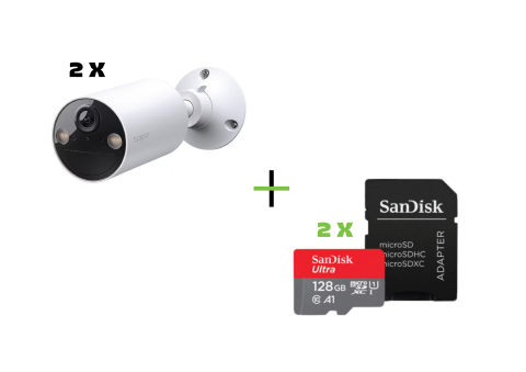 Promotii - 2 x Camera IP Wireless Exterior TP-LINK Tapo C410, 2K, 3MP, 1296p, IR, Night Vision, Alb + 2 x Card de memorie SanDisk Ultra MicroSDXC UHS-I, A1, 128GB, Up to 140MB, Full HD, cu adaptor