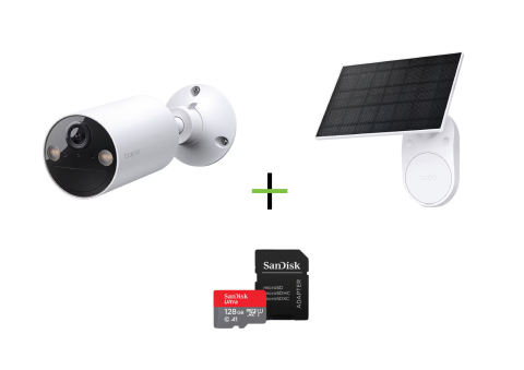 Promotii - Camera IP Wireless Exterior TP-LINK Tapo C410, 2K, 3MP, 1296p, IR, Night Vision, Alb + Panou Solar TP-Link Tapo A201, 2.5W, IP65, Cablu 3.8m + Card de memorie SanDisk Ultra MicroSDXC UHS-I, A1, 128GB,