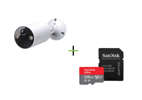 Promotii - Camera IP Wireless Exterior TP-LINK Tapo C410, 2K, 3MP, 1296p, IR, Night Vision, Alb + Card de memorie SanDisk Ultra MicroSDXC UHS-I, A1, 128GB, Up to 140MB, Full HD, cu adaptor