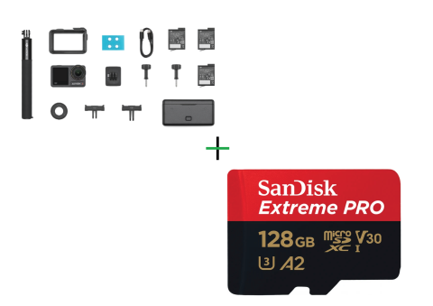 Camere Actiune - Camera Video Sport DJI Osmo Action4 Adventure Combo + Card de memorie SanDisk Extreme PRO MicroSDXC UHS-I, A2, 128GB, V30, Up to 200MB/90MB, 4K UHD, cu adaptor