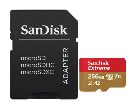 Accesorii Foto & Video - Card de memorie SanDisk Extreme microSDXC 256GB, pana la 190MB/s & 130MB/s Read/Write speeds A2 C10 V30 UHS-I U3 + SD Adapter
