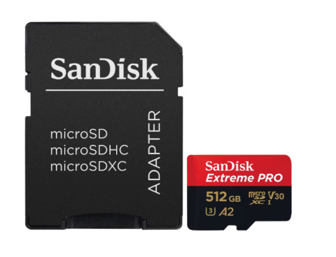 Carduri MicroSD - Card de Memorie SanDisk Extreme PRO microSDXC 512GB, pana la 200MB/s & 140MB/s Read/Write speeds A2 C10 V30 UHS-I U3 + SD Adapter