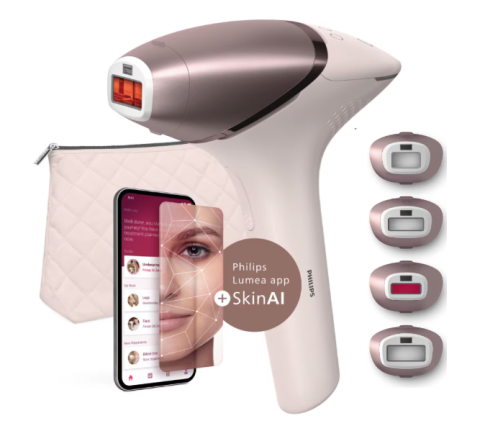 Ingrijire Personala - Epilator IPL Philips Lumea Seria 9900 BRI951/01, Senzor Smartskin, Tehnologie SenseIQ, Conectare la Aplicatie cu Functii Skin AI, Utilizare cu sau Fara Fir, 450.000 Impusuri, Accesoriu Fata, Corp, Axi