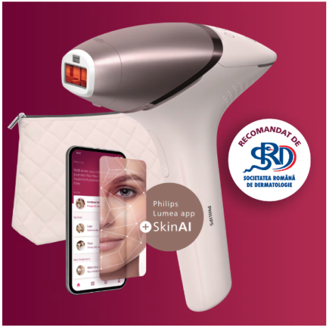 Epilator IPL Philips Lumea Seria 9900 BRI951/01, Senzor Smartskin, Tehnologie SenseIQ, Conectare la Aplicatie cu Functii Skin AI, Utilizare cu sau Fara Fir, 450.000 Impusuri, Accesoriu Fata, Corp, Axi [1]