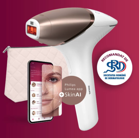 Epilator IPL Philips Lumea Seria 9900 BRI951/01, Senzor Smartskin, Tehnologie SenseIQ, Conectare la Aplicatie cu Functii Skin AI, Utilizare cu sau Fara Fir, Accesoriu Fata, Corp, Axi [1]