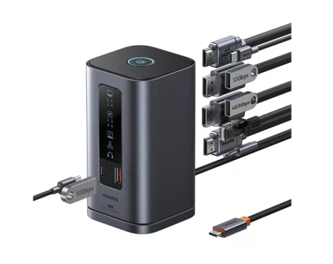 Gadgeturi - Hub USB Baseus Docking Station Spacemate Series 11-in-1, USB-C la 2x HDMI 4K@60Hz, 2x DP 4K@60Hz, 2x USB-A, 1x USB-C, 1x RJ45, 1x USB-A (480Mbps), 1xUSB-C (PD), 1x 3.5mm Audio