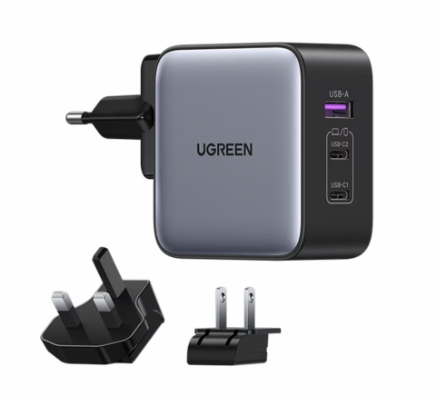 Încărcătoare  - Incarcator de retea Ugreen CD296, tehnologie GaN, 1 port USB si 2 porturi USB C, Adaptor, 65W, mufa UE, UK, SUA Negru
