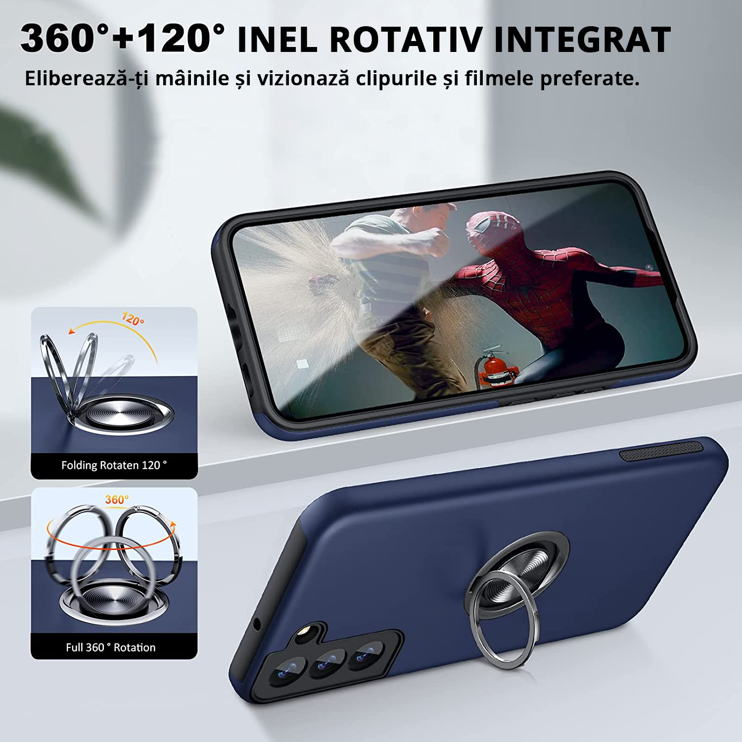 Husă pentru Samsung Galaxy S22 Plus, culoare blue, cu inel rotativ de 360 grade