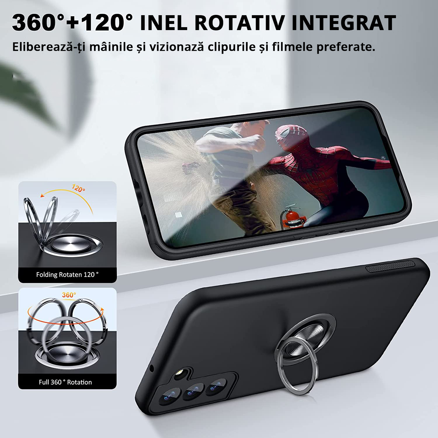 Husă pentru Samsung Galaxy S22 Plus, culoare negru, cu inel rotativ de 360 grade