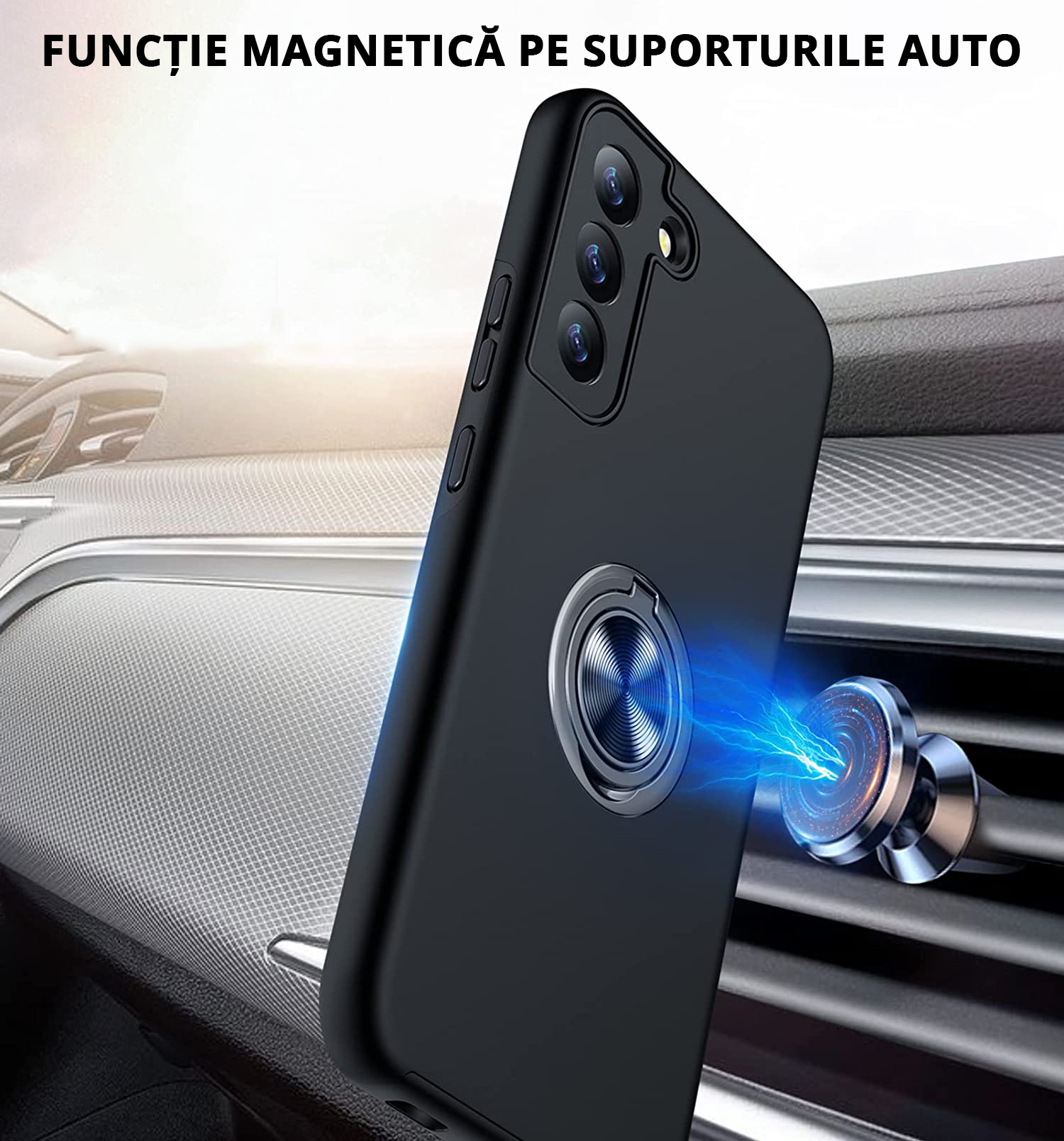 Husă pentru Samsung Galaxy S22 Plus, culoare negru, funcție magnetică pe suporturile auto
