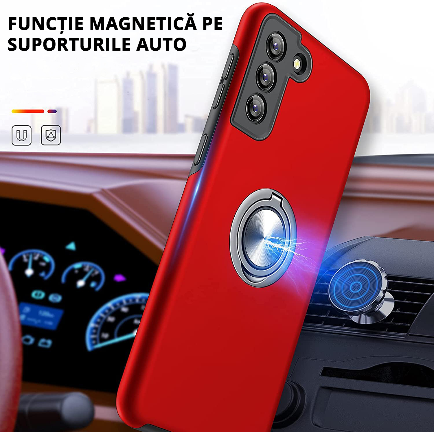 Husă pentru Samsung Galaxy S22 Plus, culoare negru, funcție magnetică pe suporturile auto