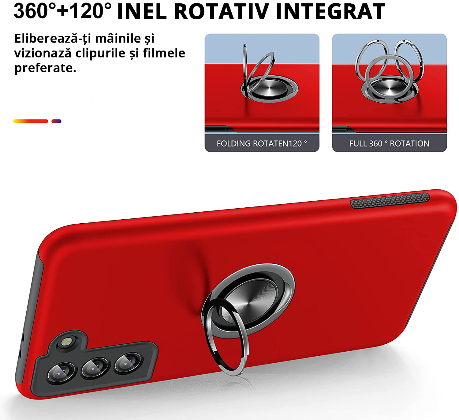 Husă pentru Samsung Galaxy S22 Plus, culoare roșu, cu inel rotativ de 360 grade