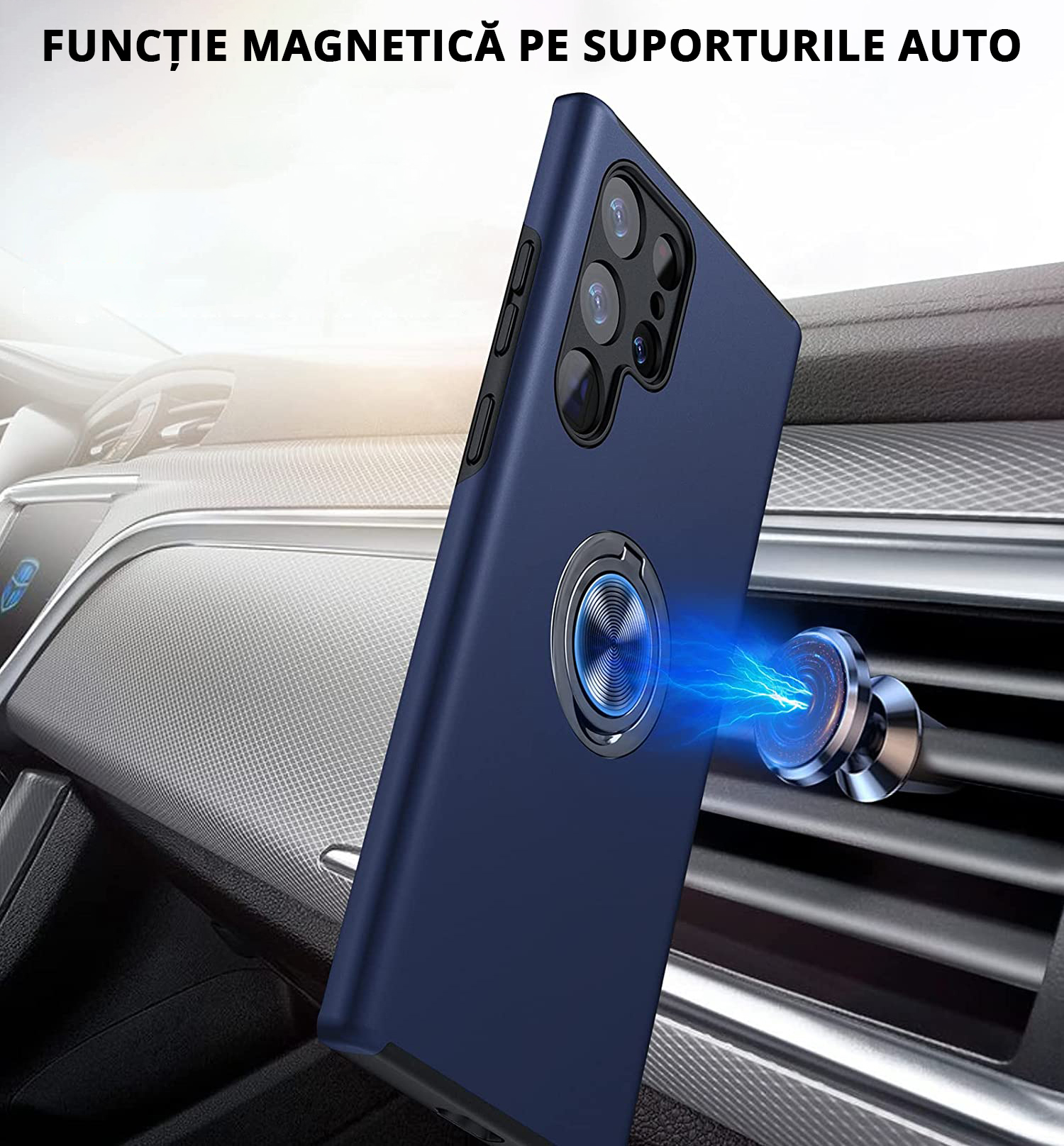 Husă pentru Samsung Galaxy S22 Ultra, culoare blue, funcție magnetică pe suporturile auto