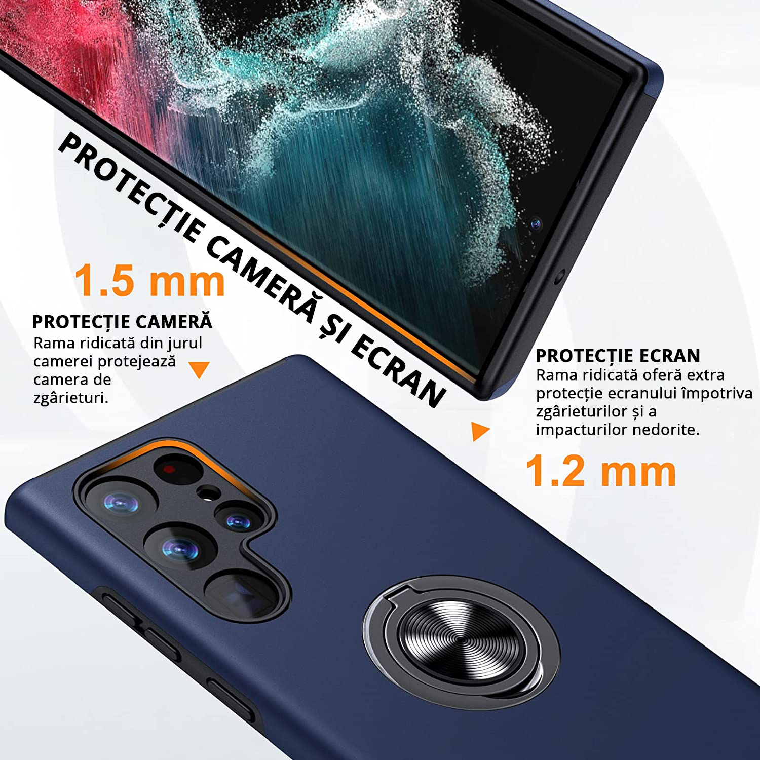 Husă pentru Samsung Galaxy S22 Ultra cu protecție cameră și ecran, 2mm și 1.5mm ramă ridicată pentru protecție maximă.