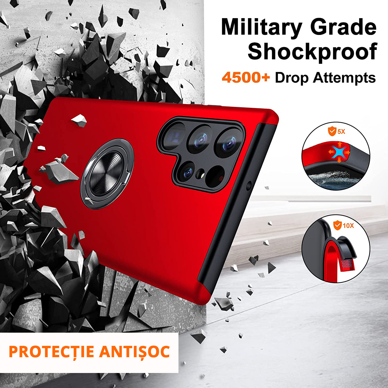 Husă pentru Samsung Galaxy S22 Ultra, culoare roșu, protecție militară antișoc, protejează  telefonul