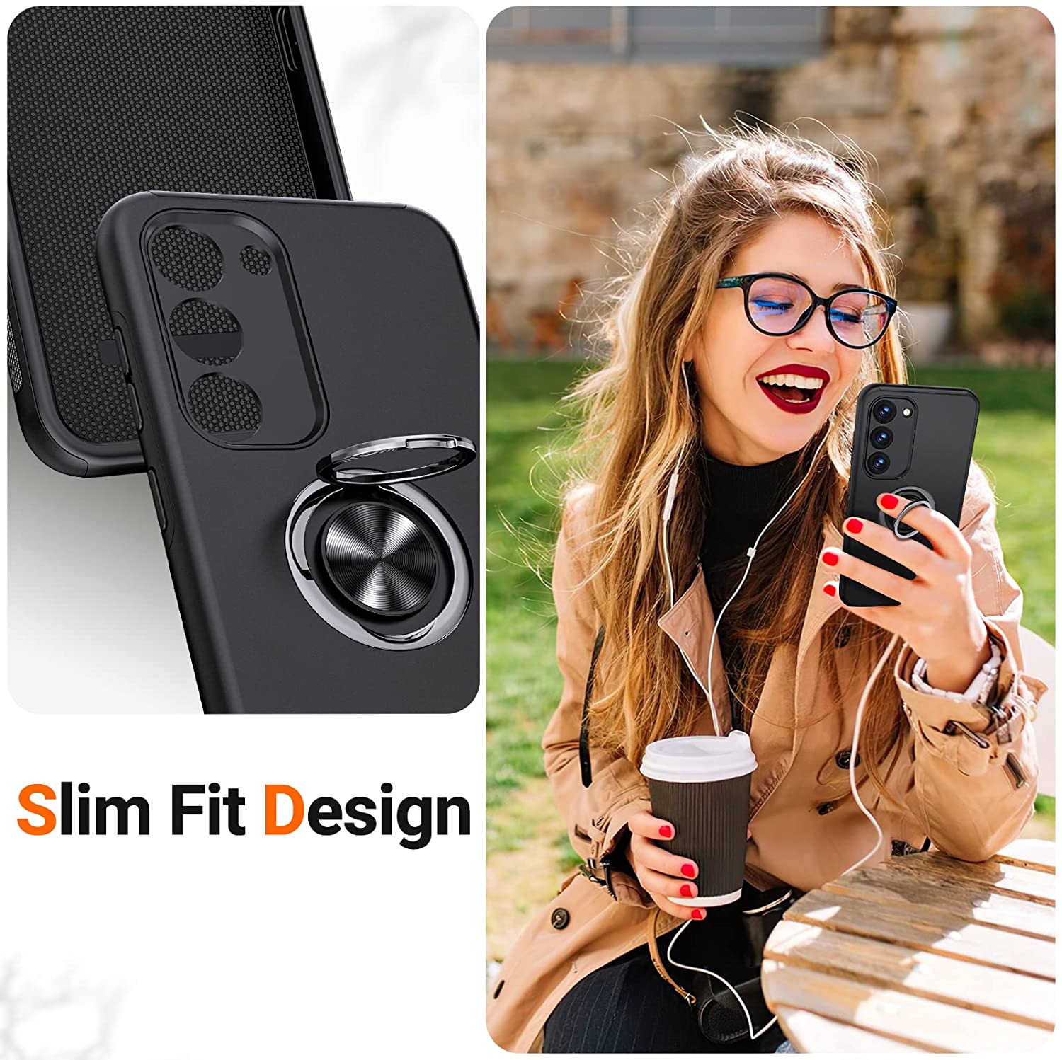 Husă pentru Samsung Galaxy S23, culoare negru, design premium, inel rotativ pentru selfie