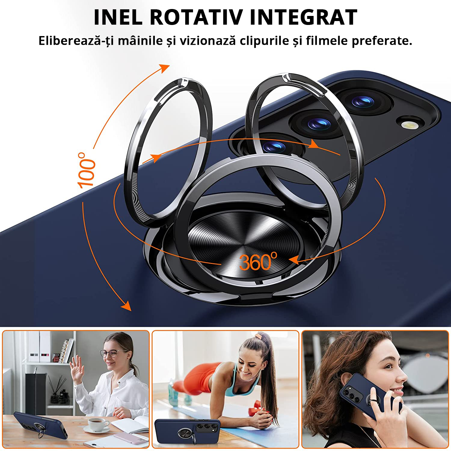 Husă pentru Samsung Galaxy S23 Plus, culoare blue, cu inel rotativ de 360 grade, are functie 