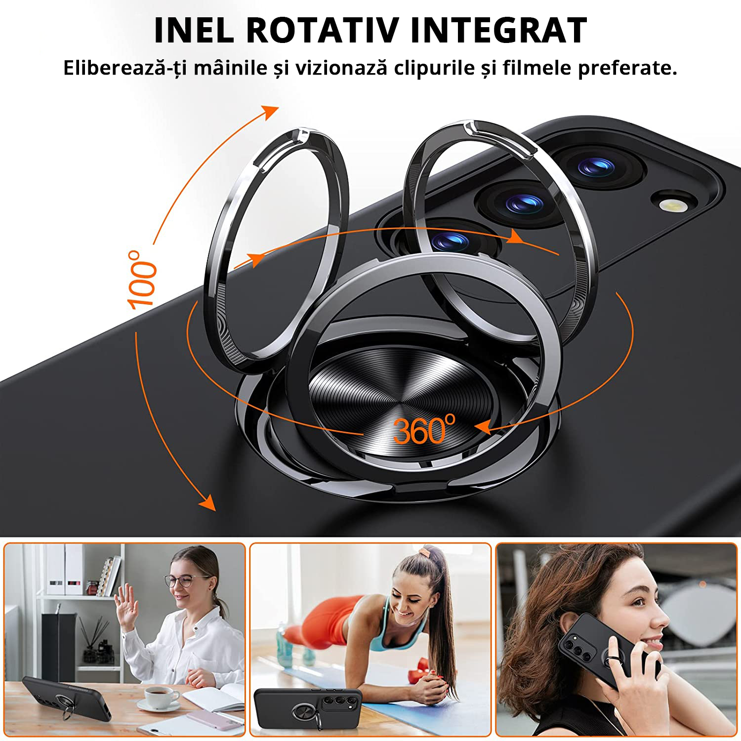 Husă pentru Samsung Galaxy S23 Plus, culoare negru, cu inel rotativ de 360 grade, are functie 