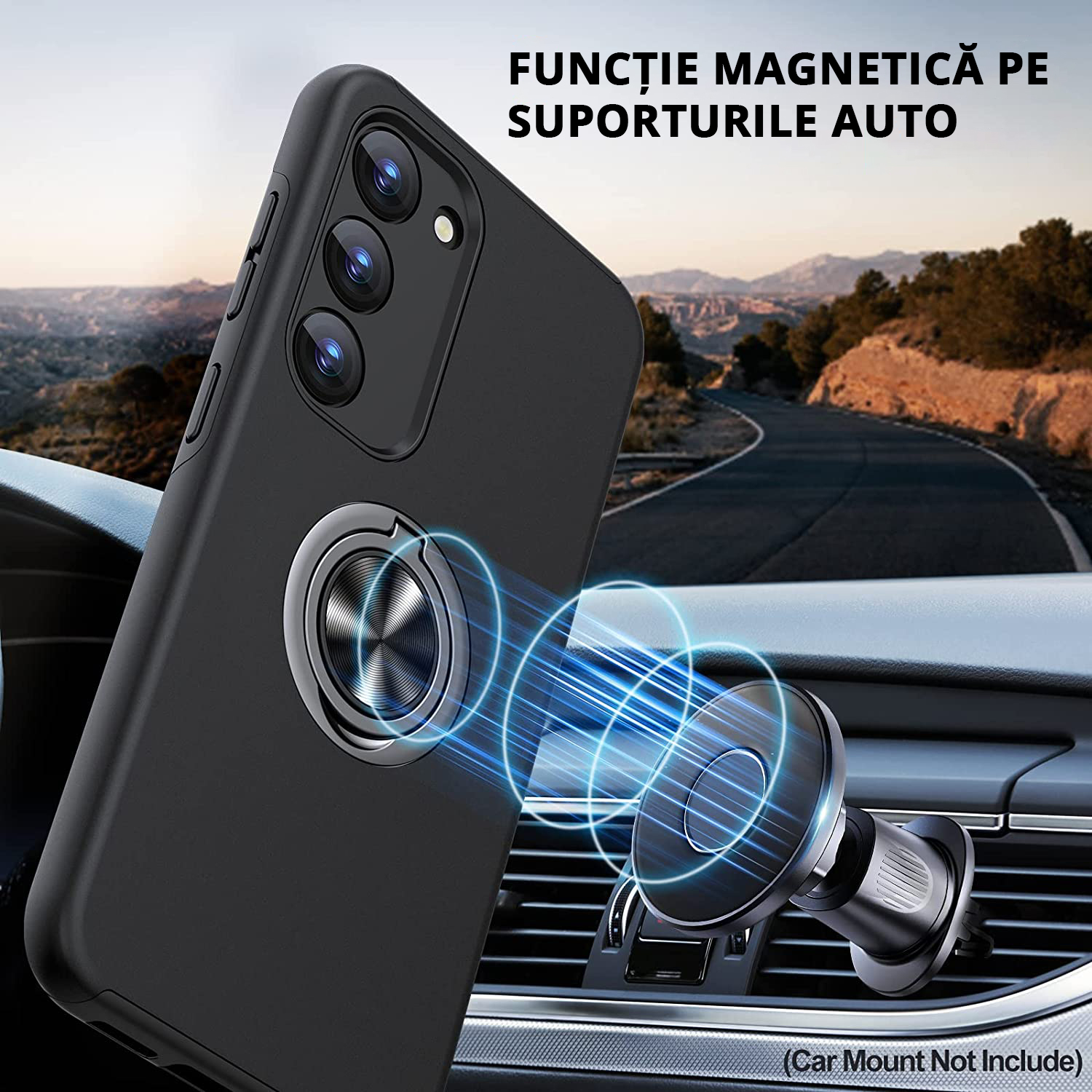 Husă pentru Samsung Galaxy S23 Plus, culoare negru, funcție magnetică pe suporturile auto