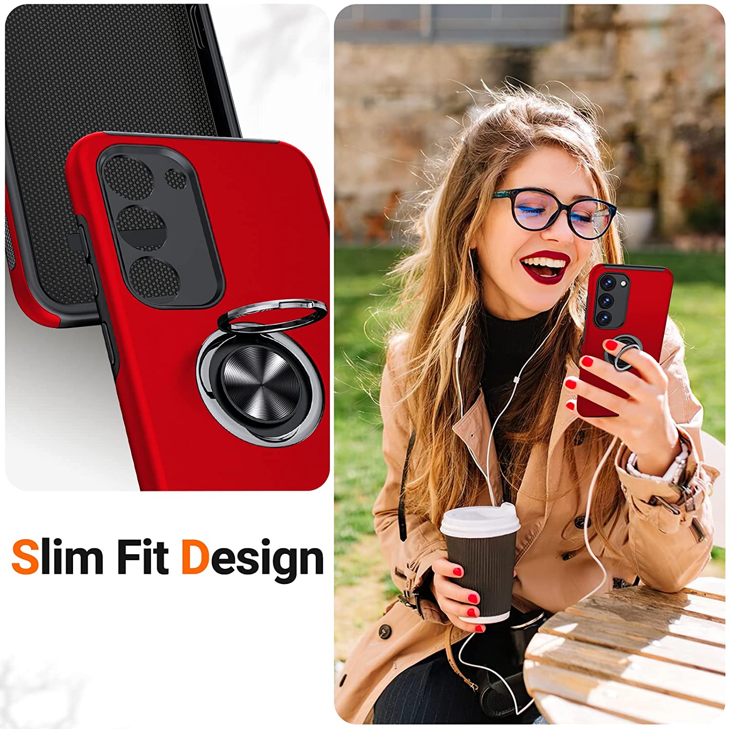 Husă pentru Samsung Galaxy S23 Plus, culoare roșu, design premium, inel rotativ pentru selfie