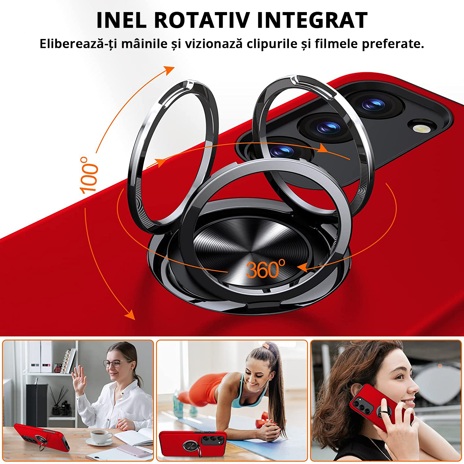 Husă pentru Samsung Galaxy S23 Plus, culoare roșu, cu inel rotativ de 360 grade, are functie 