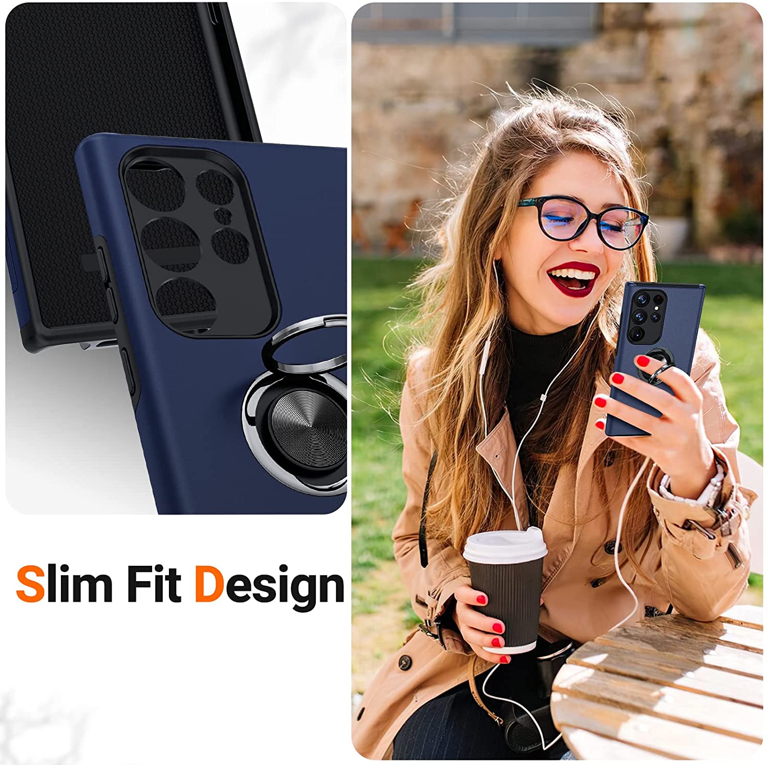 Husă pentru Samsung Galaxy S23 Ultra, culoare blue, design premium, inel rotativ pentru selfie