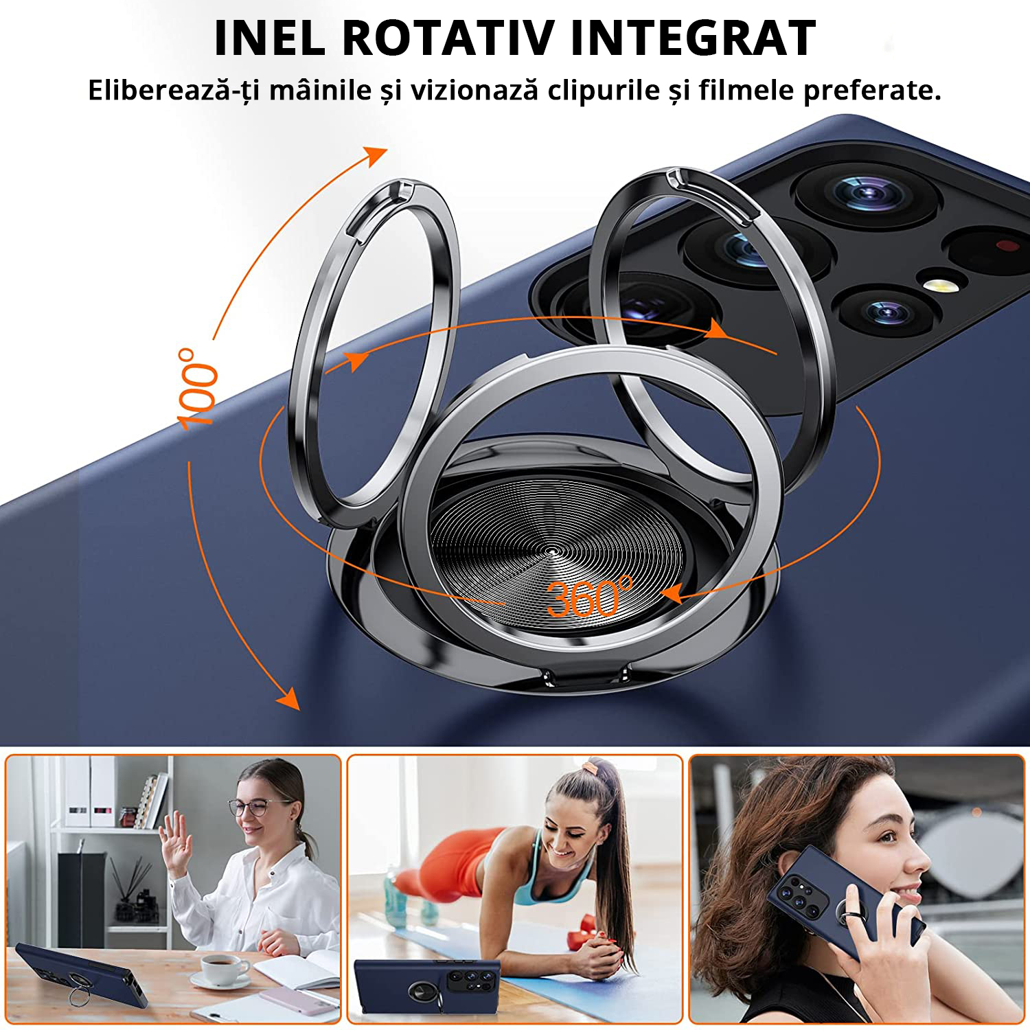 Husă pentru Samsung Galaxy S23 Ultra, culoare blue, cu inel rotativ de 360 grade, are functie 